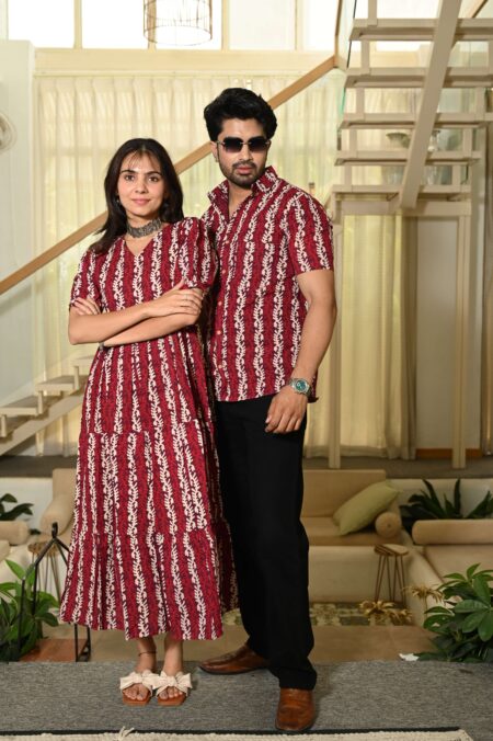 Couple Matching Red Cotton Anarkali Midi Dress and Shirt Set ? Vertical Vine Block Print